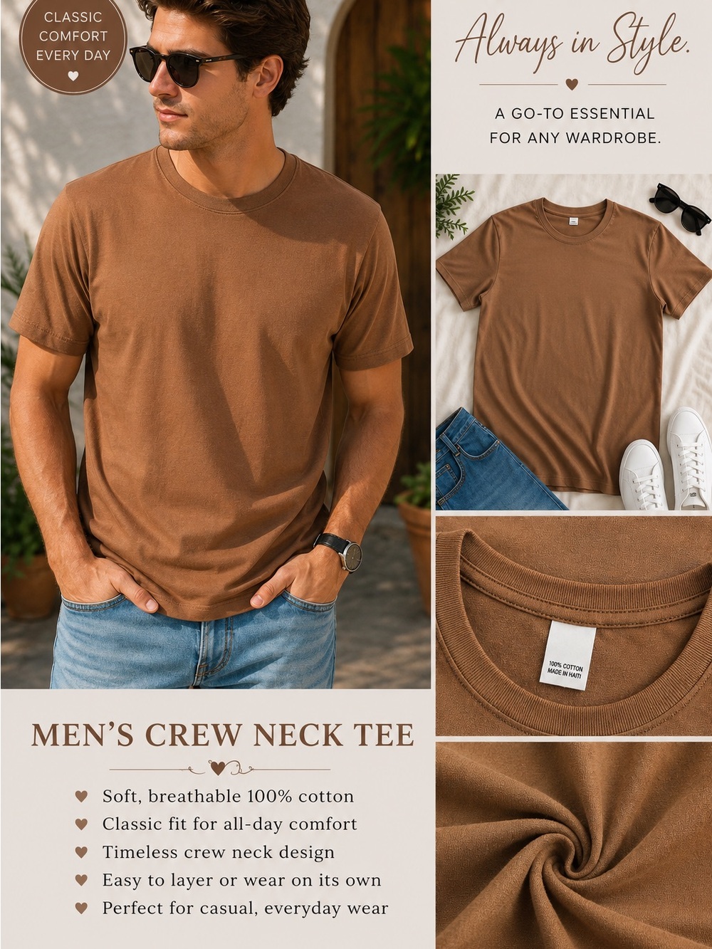 Men's Crew Neck Tee in Brown - Classic Everyday Essential